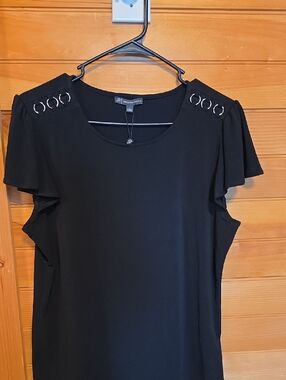 Adrianna Papell Black Flutter-Sleeve Top with Shoulder Ring Accents